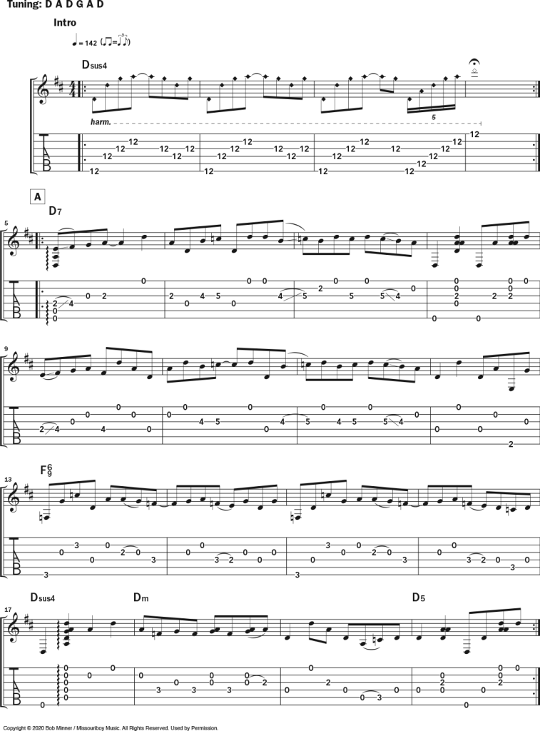 Musical notation and tablature for Bob Minner's solo acoustic guitar piece "VanWart," a tribute to Collings Guitars’ master luthier Bruce VanWart in DADGAD tuning.