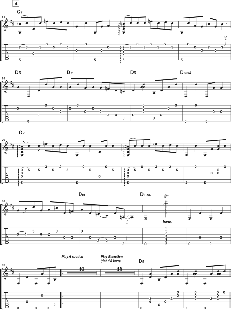 Second page of musical notation and tablature for Bob Minner's solo acoustic guitar piece "VanWart," a tribute to Collings Guitars’ master luthier Bruce VanWart in DADGAD tuning.