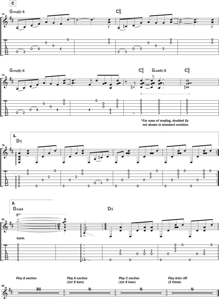 Third page of musical notation and tablature for Bob Minner's solo acoustic guitar piece "VanWart," a tribute to Collings Guitars’ master luthier Bruce VanWart in DADGAD tuning.