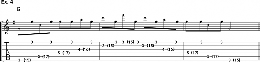 musical notation and tablature for example 4 of Jeff Gunn's guitar lesson on how to play harp harmonics on acoustic guitar