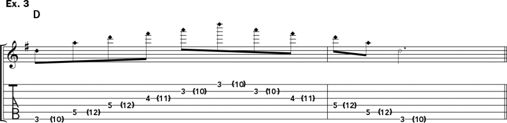 musical notation and tablature for example 3 of Jeff Gunn's guitar lesson on how to play harp harmonics on acoustic guitar