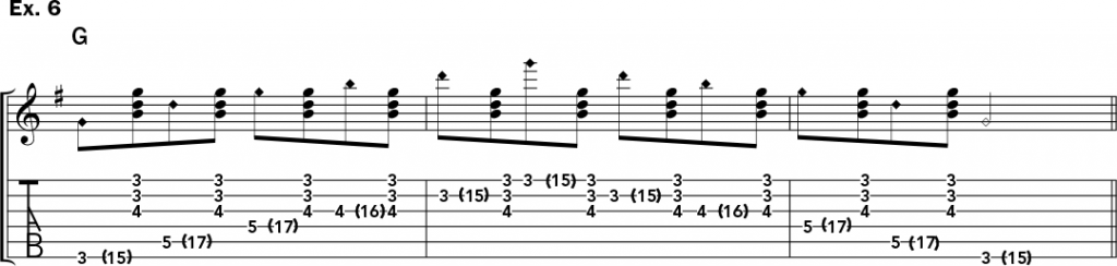musical notation and tablature for example 6 of Jeff Gunn's guitar lesson on how to play harp harmonics on acoustic guitar