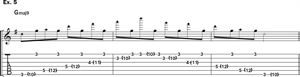 musical notation and tablature for example 5 of Jeff Gunn's guitar lesson on how to play harp harmonics on acoustic guitar