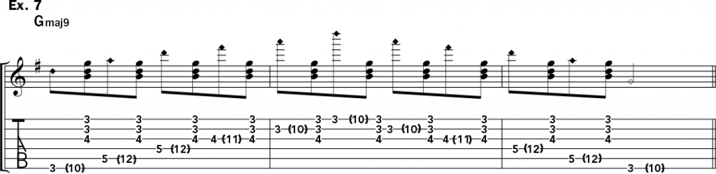 musical notation and tablature for example 7 of Jeff Gunn's guitar lesson on how to play harp harmonics on acoustic guitar