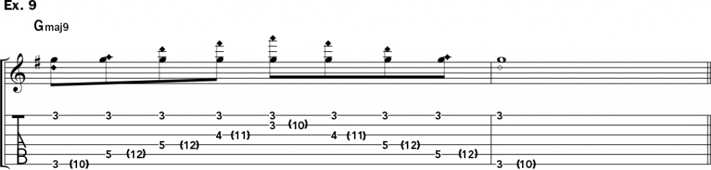 musical notation and tablature for example 9 of Jeff Gunn's guitar lesson on how to play harp harmonics on acoustic guitar
