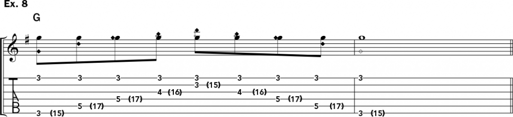 musical notation and tablature for example 8 of Jeff Gunn's guitar lesson on how to play harp harmonics on acoustic guitar