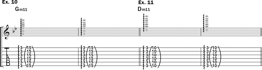 musical notation and tablature for examples 10 and 11 from Jeff Gunn's guitar lesson on how to play harp harmonics on acoustic guitar
