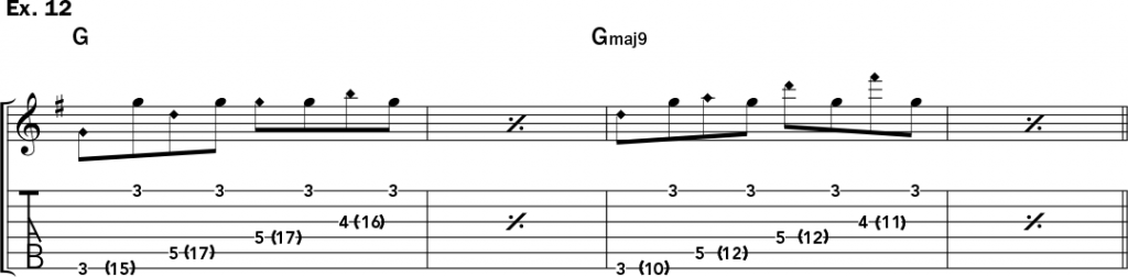 musical notation and tablature for example 12 from Jeff Gunn's guitar lesson on how to play harp harmonics on acoustic guitar