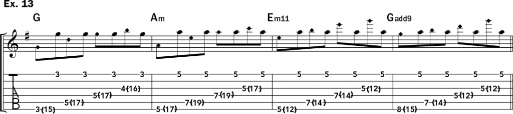 musical notation and tablature for example 13 from Jeff Gunn's guitar lesson on how to play harp harmonics on acoustic guitar
