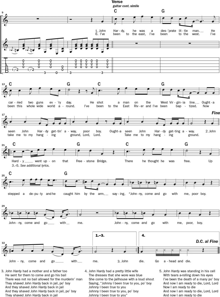 Lead Belly "John Hardy" guitar lesson music notation sheet 2